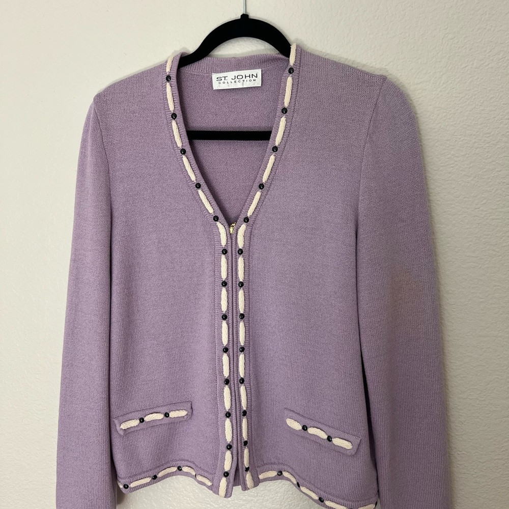 St. John Lavender Cardigan with Cream Accents